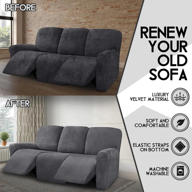 Patented Velvet 3 Seater Reclining Sofa Cover Non Slip Protector Easy Care New