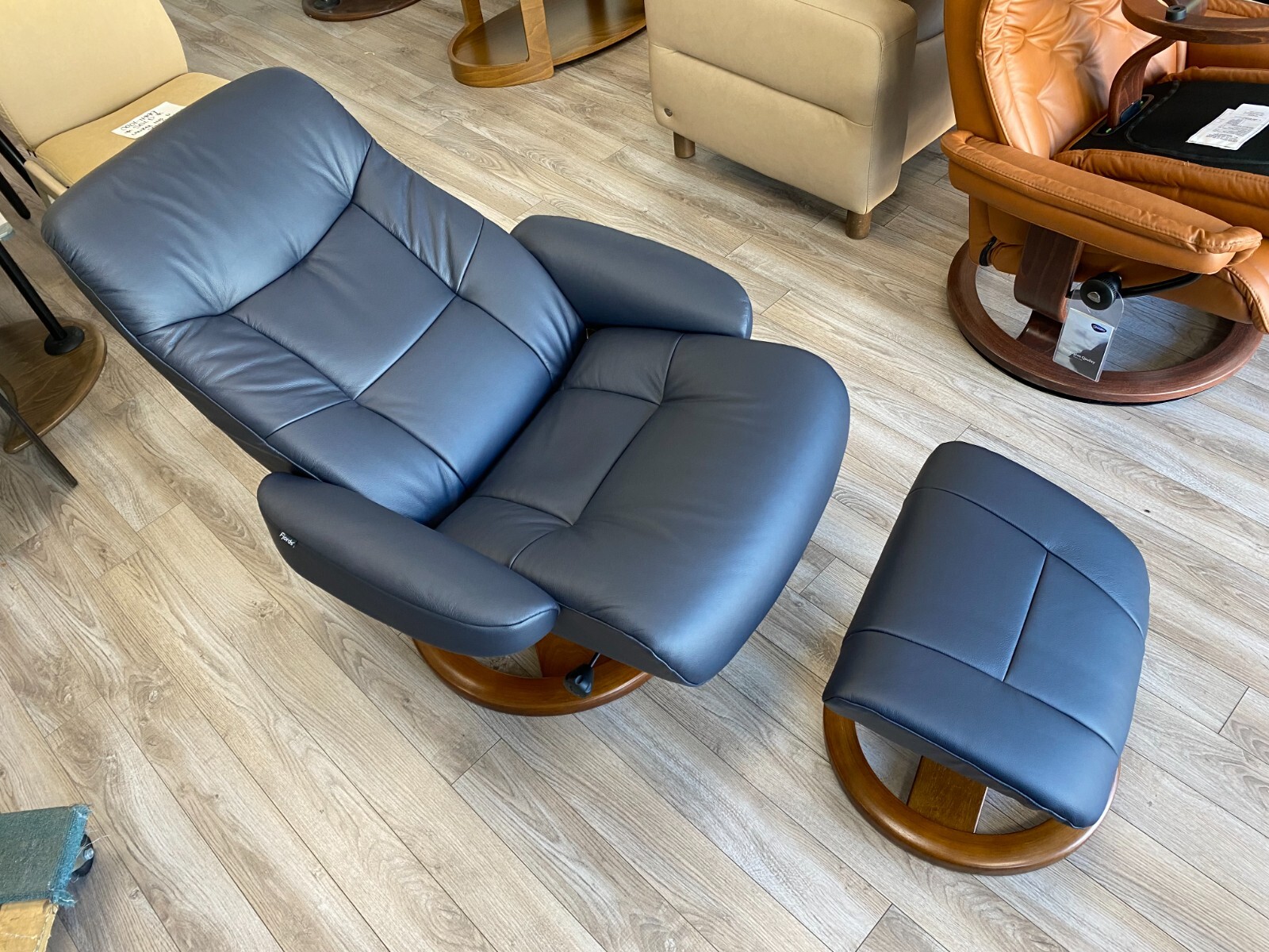 Fjords Muldal Large Recliner Chair + Ottoman – Blue Leather – Walnut Wood Stain