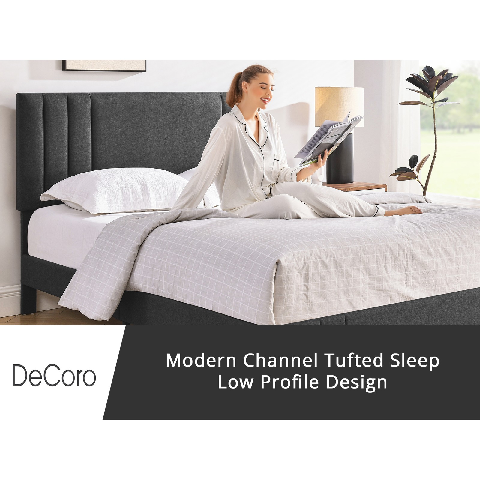 DeCoro Chicago Modern Tufted Upholstered Platform King Size Bed Frame, Dark Grey