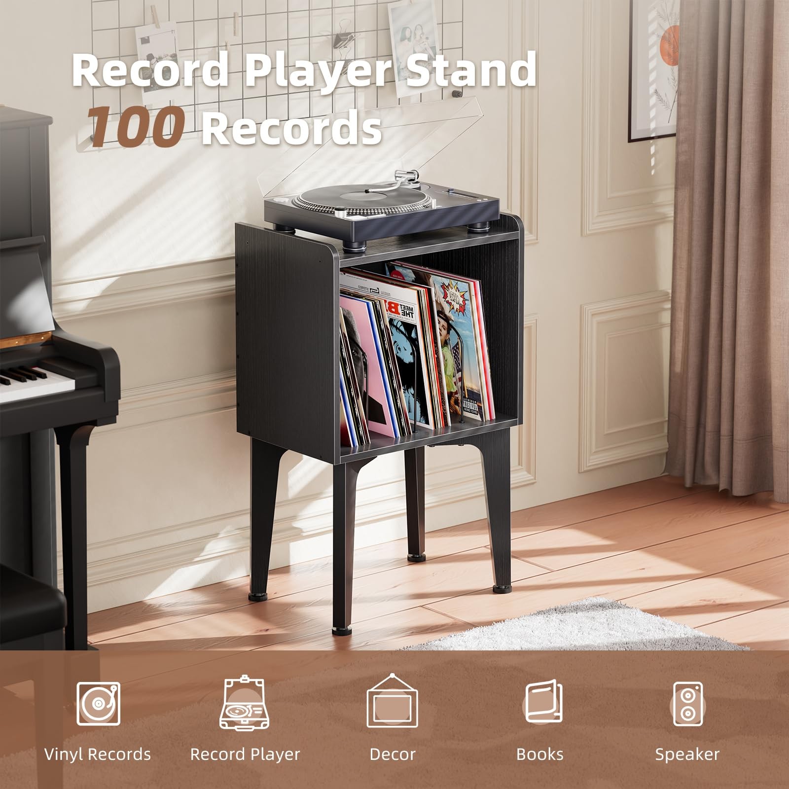 Simple Trending Record Player Stand, Vinyl Record Storage Table, Black