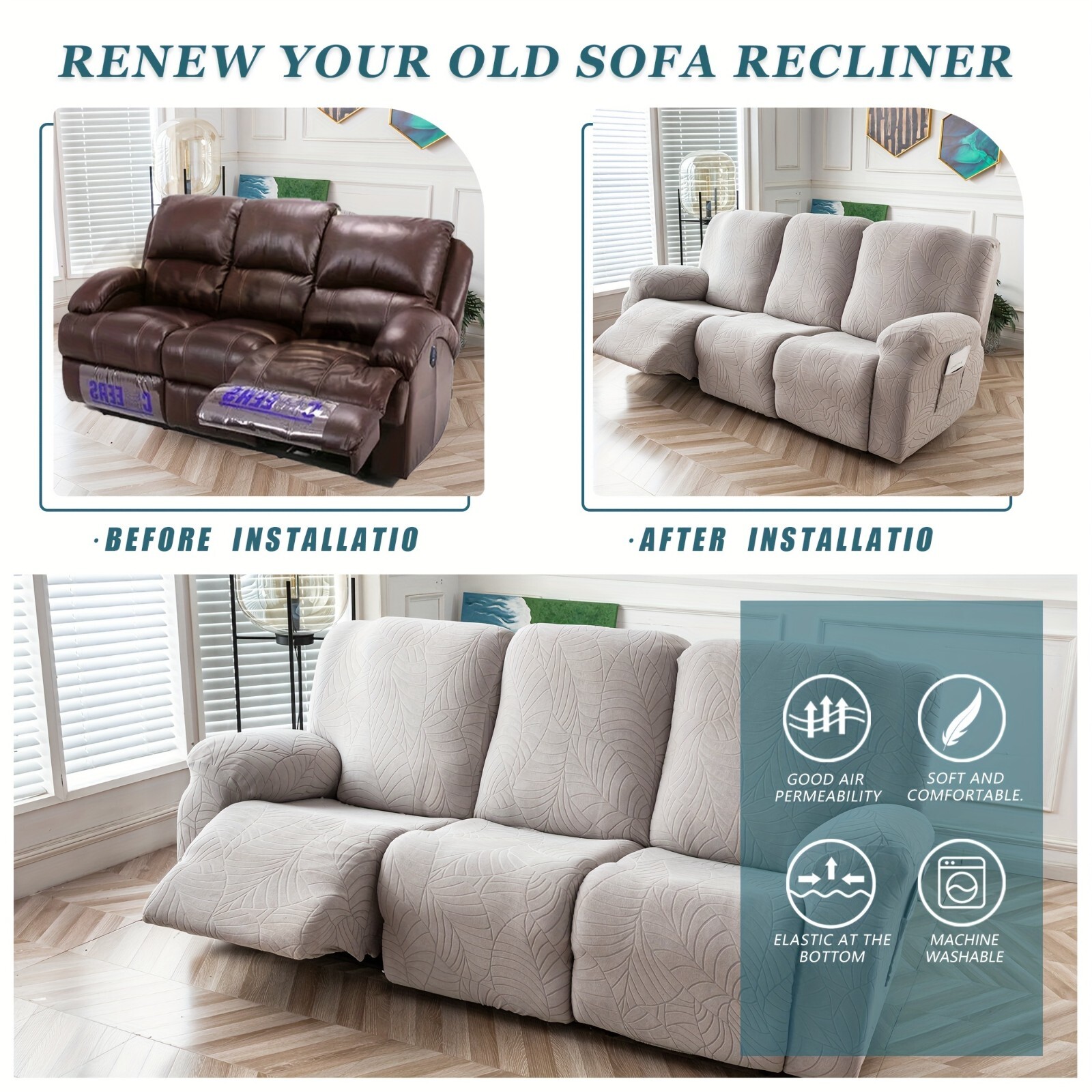 Waterproof Non-Slip Leaf Jacquard Stretch Recliner Sofa Cover Protection