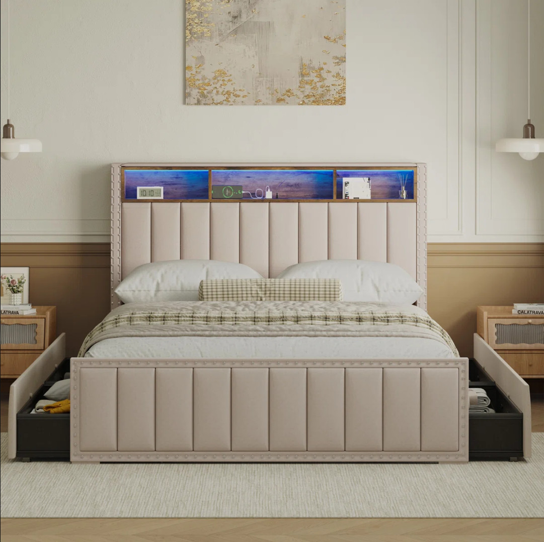JHK Upholstered Bed Frame with 4 Storage Drawers,Charging Station&LED Lighting