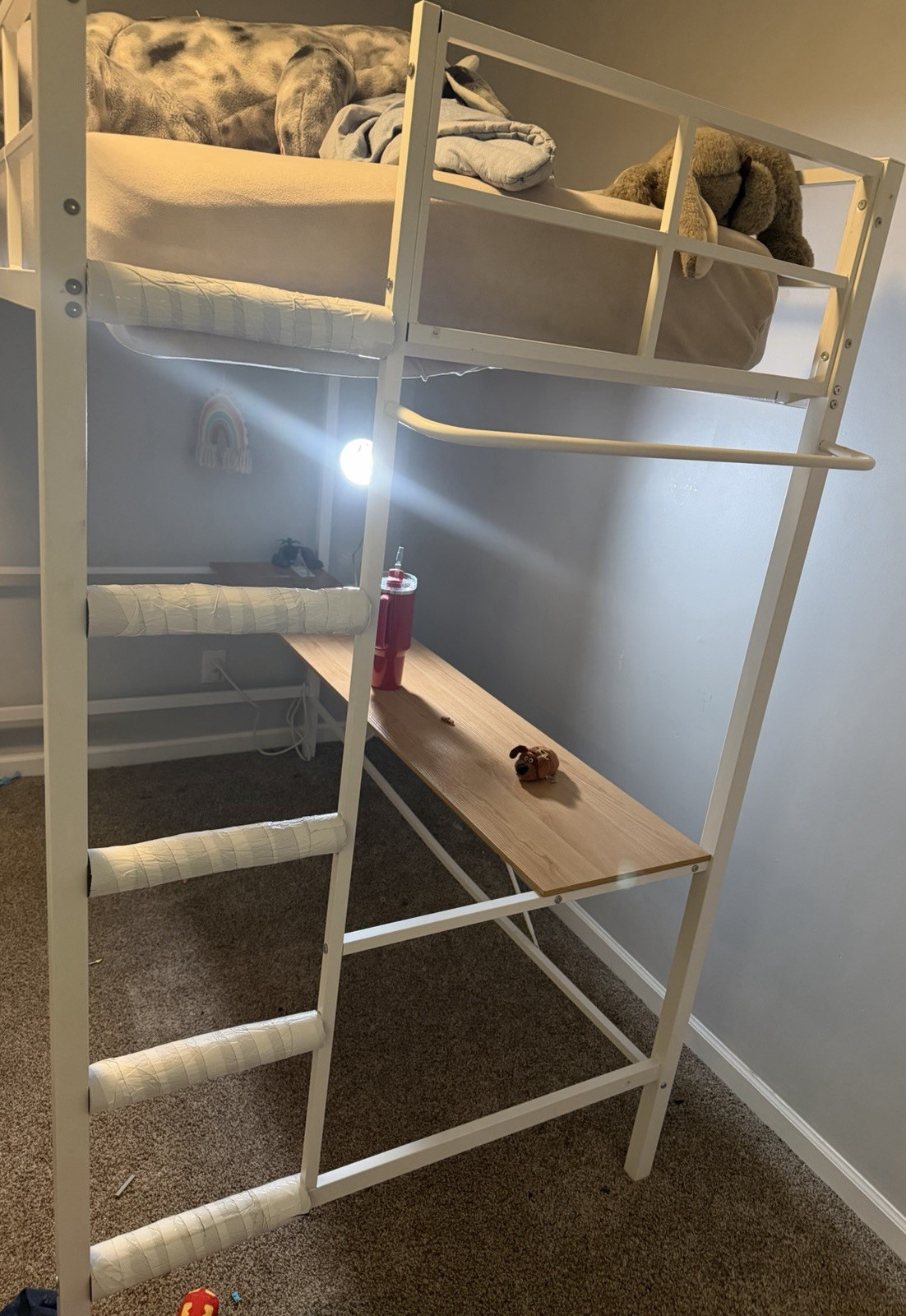 White Metal Twin Loft Bed Frame, Painted Finish, Solid, Built-In Ladder