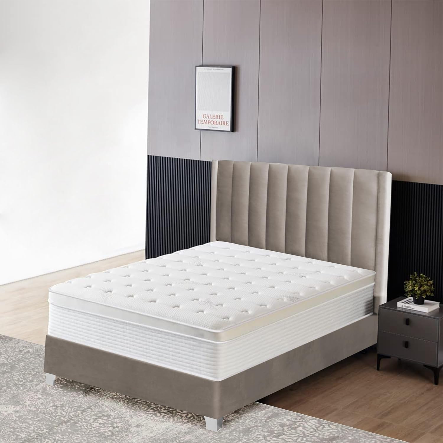 Queen Suede Bed Frame with Decorative Headboard & 3 Color Legs
