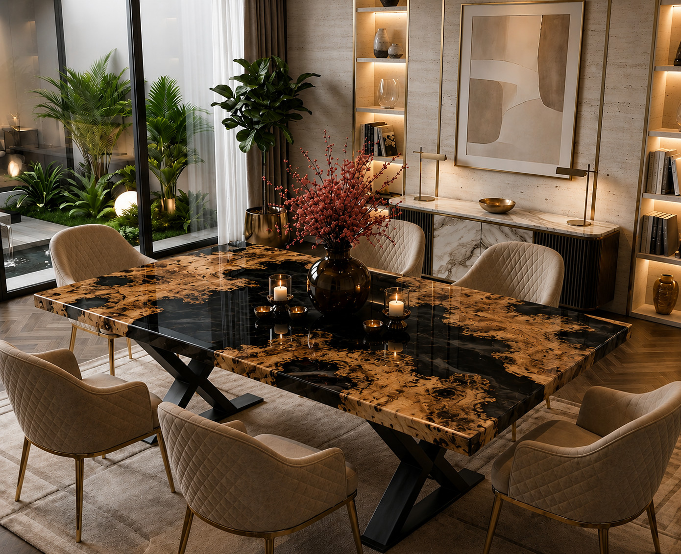 Handmade Olive Wood Black Epoxy Resin River Dining Table Modern Kitchen 12X24