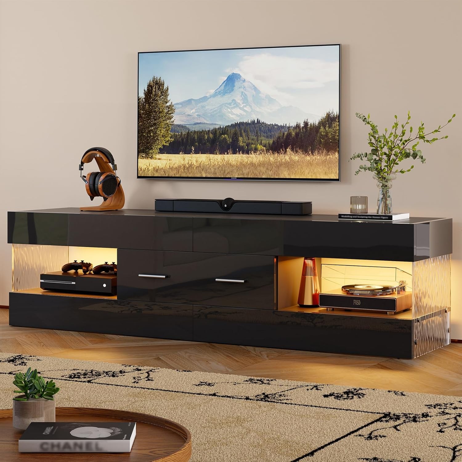 Black TV Stand for 55/60/65 Inch TV, High Gloss Modern TV Stand with