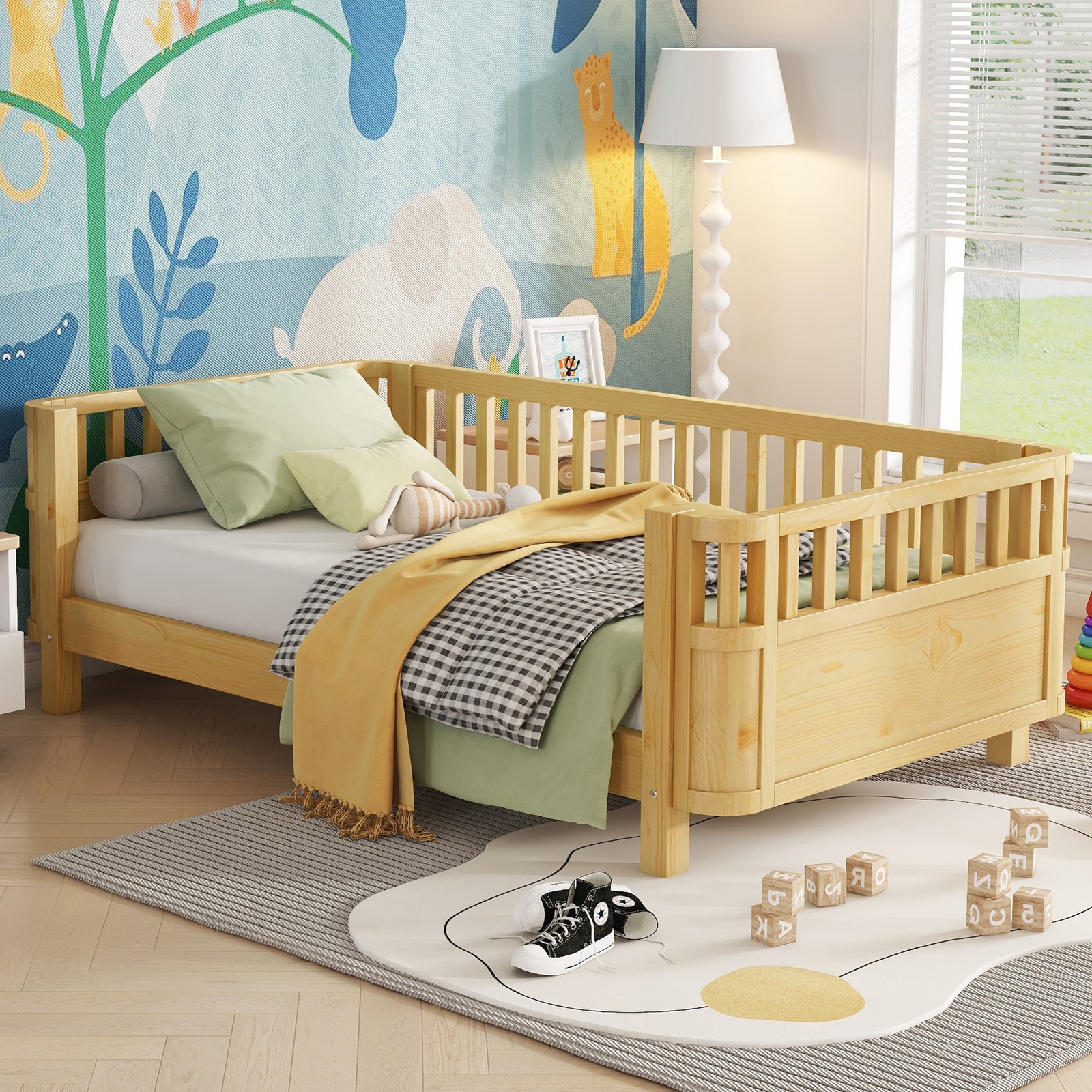 Twin Size Wood Slats Platform Bed for Kids Wood Low Profile Bed W/ Rails Natural