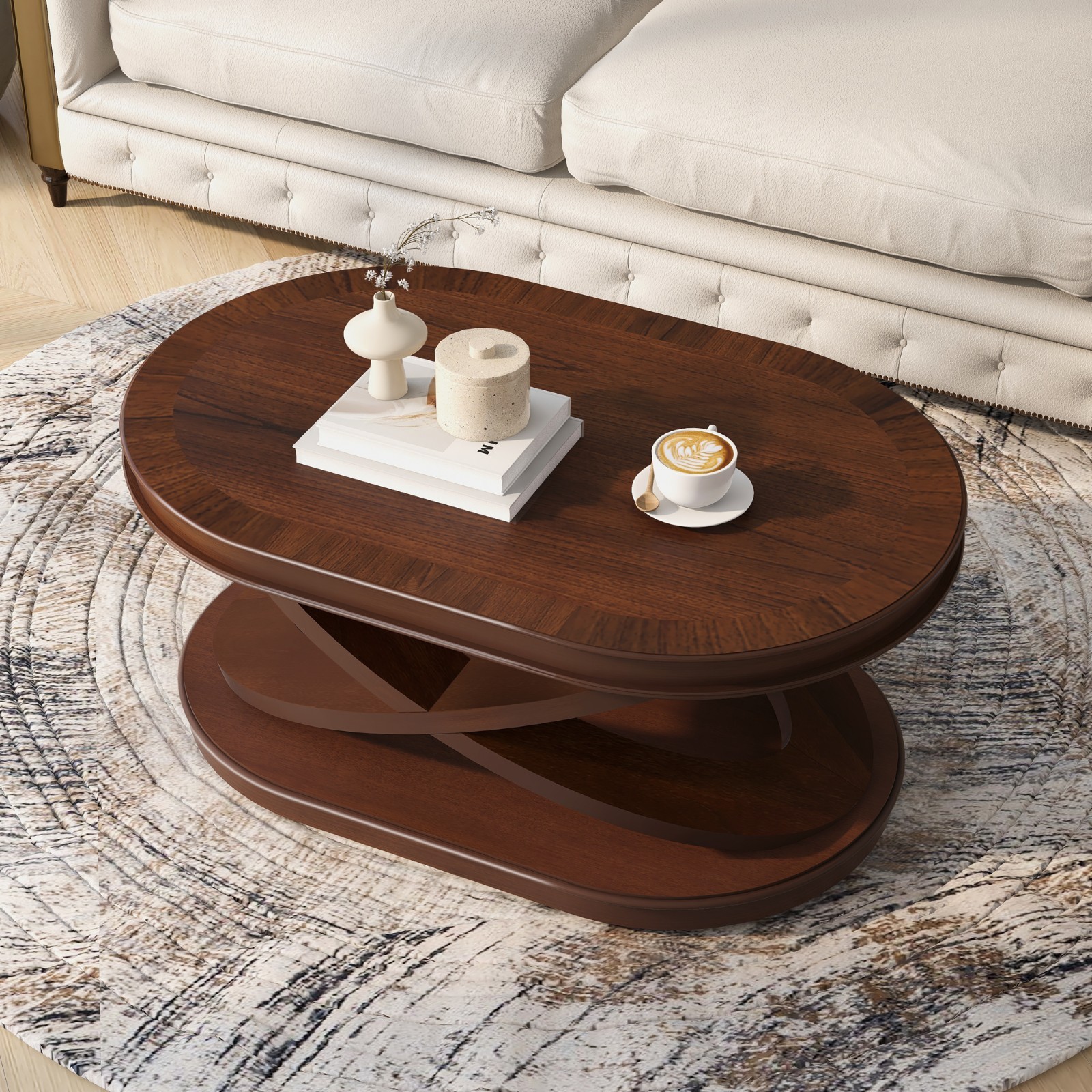 Retro Wood Oval Coffee Table Center Cocktail Table W/ X-Shaped Base Open Storage