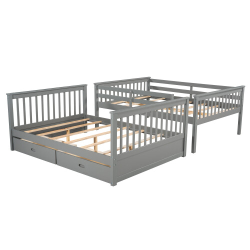 Full Over Full Bunk Bed W/ Storage Drawers Wood Platform Beds Bedroom Furniture