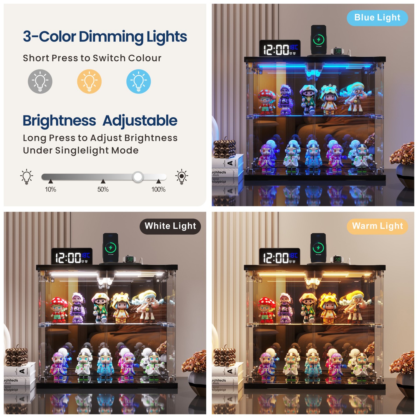 Glass Display Case with LED Lights & Human Sensor for Model Car, & Collectibles