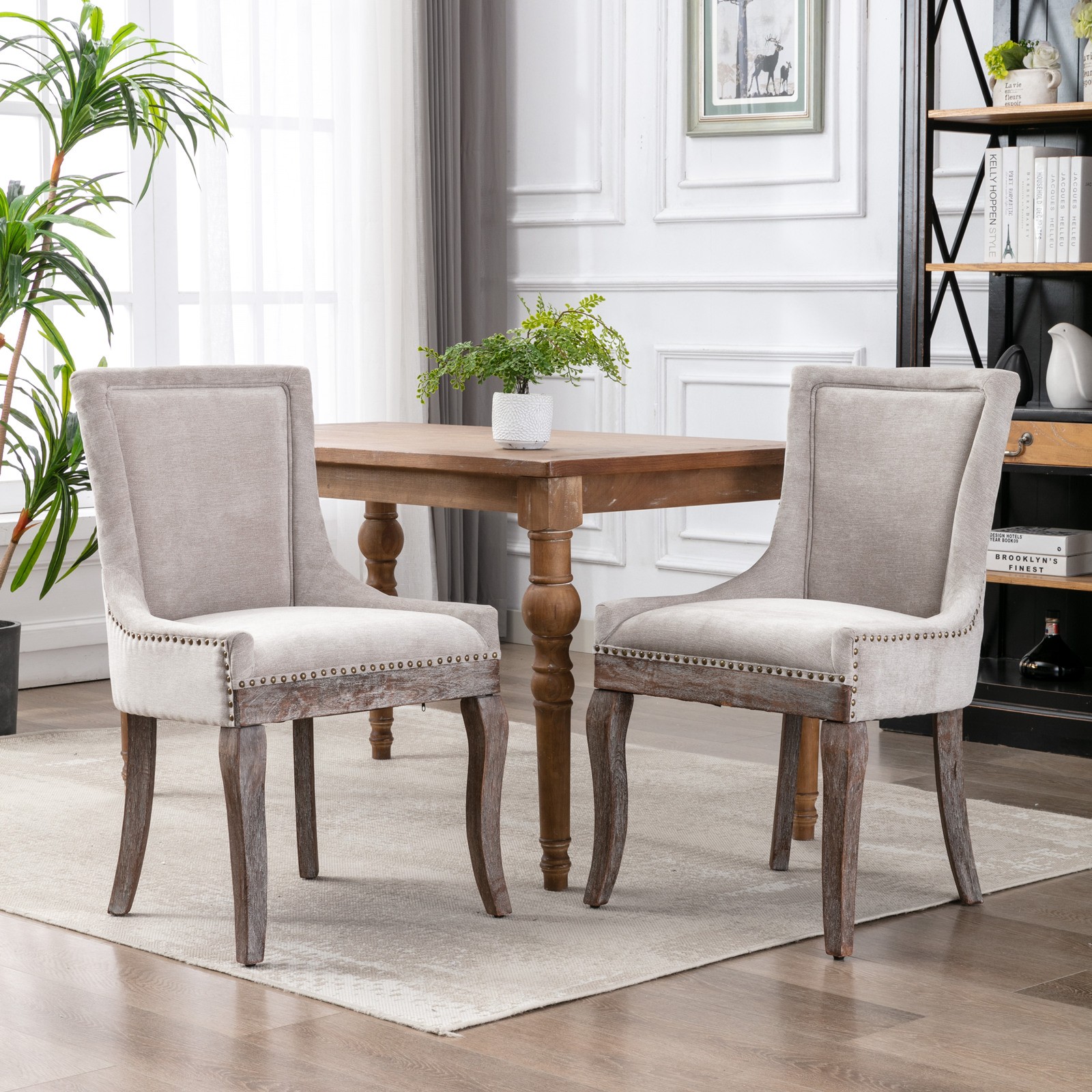 Set of 2 Beige Ultra Thick Fabric Dining Chairs Bronze Nail Head Solid Wood