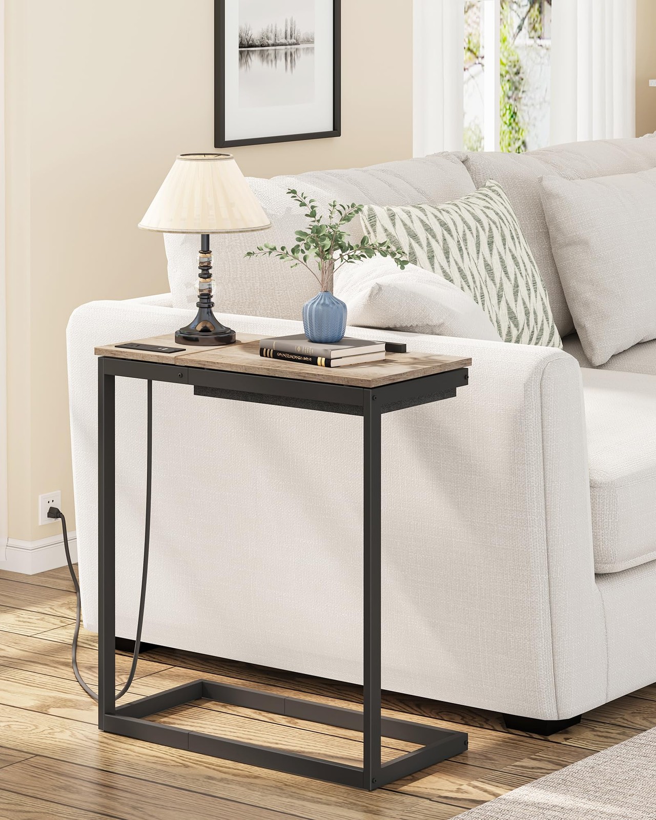 Shaped End Table with Charging Station, Tilting Laptop Stand Side Table, Unde…