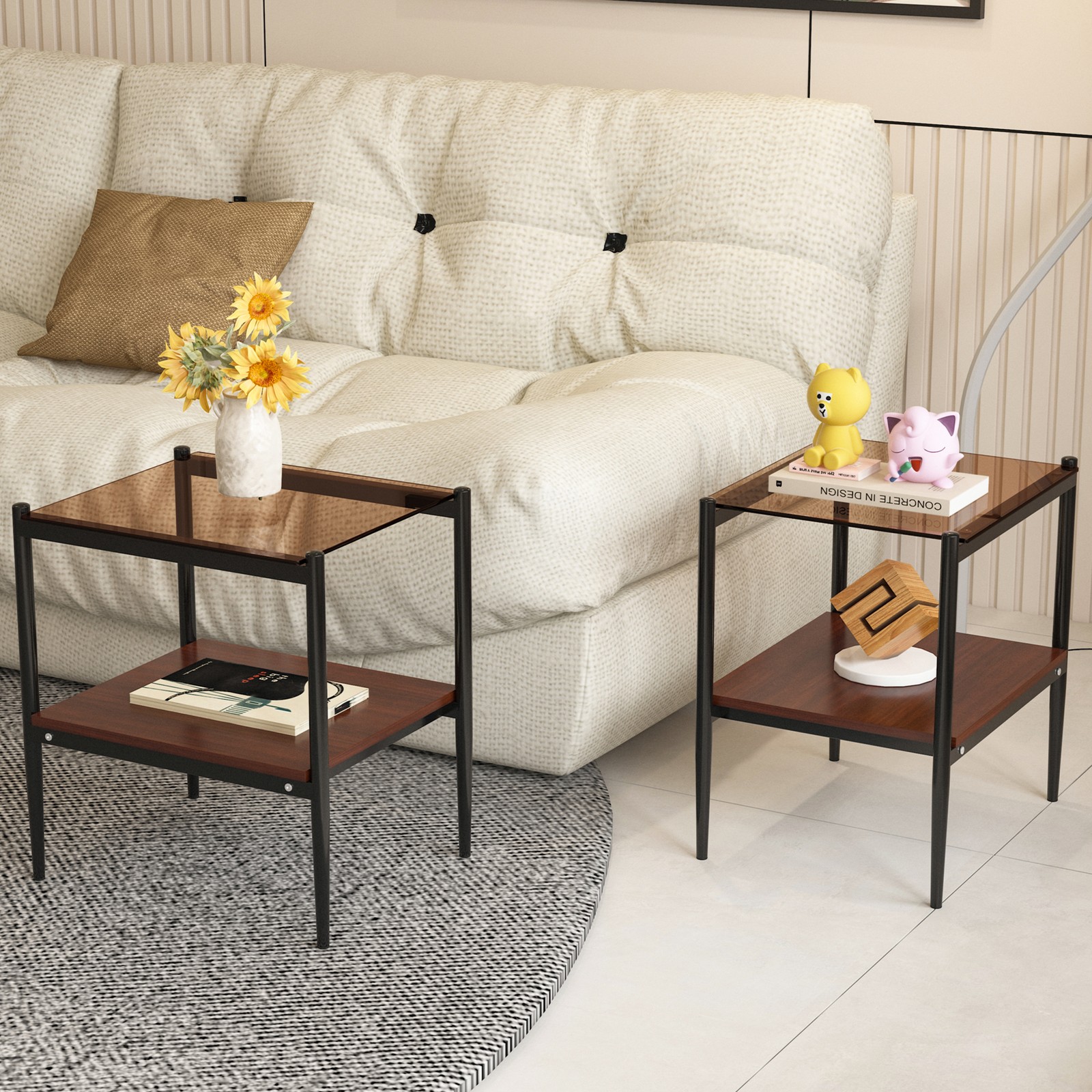 Set of 2 Rectangle End Tables, Tempered Glass Top with MDF Layer, Brown