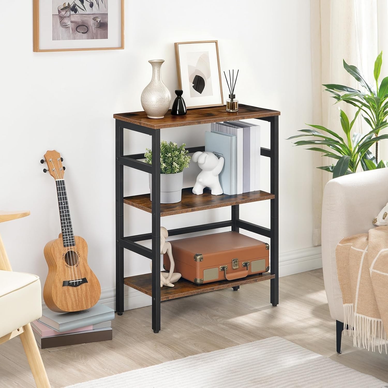 Open Display Shelf Featuring Rustic Aesthetic – 3 Tier Storage Solution