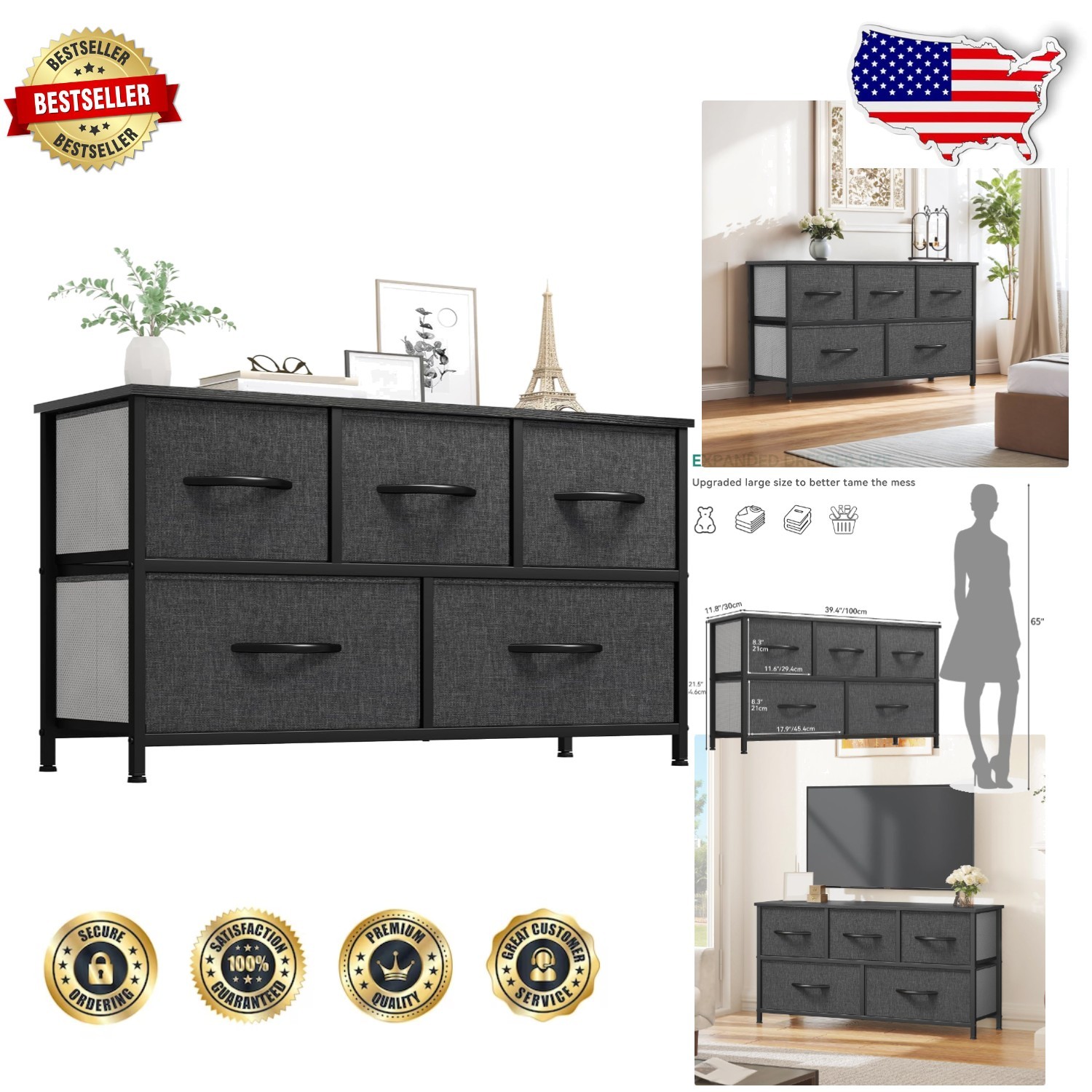 Black 5-Drawer Dresser | Wood Metal Fabric Storage Chest Organizer | Easy Ass…