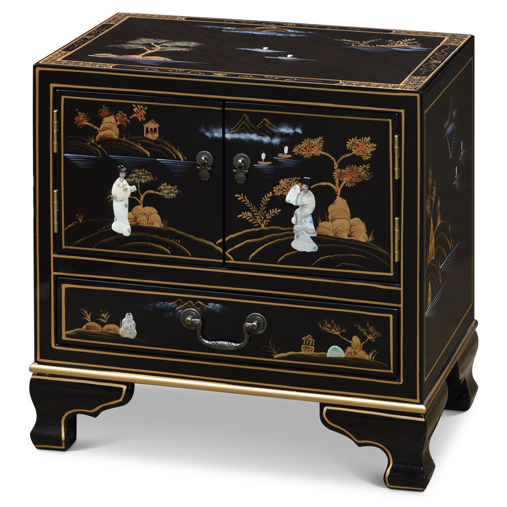 US Seller – Black Lacquer Chinoiserie Mother of Pearl Oriental Accent Cabinet
