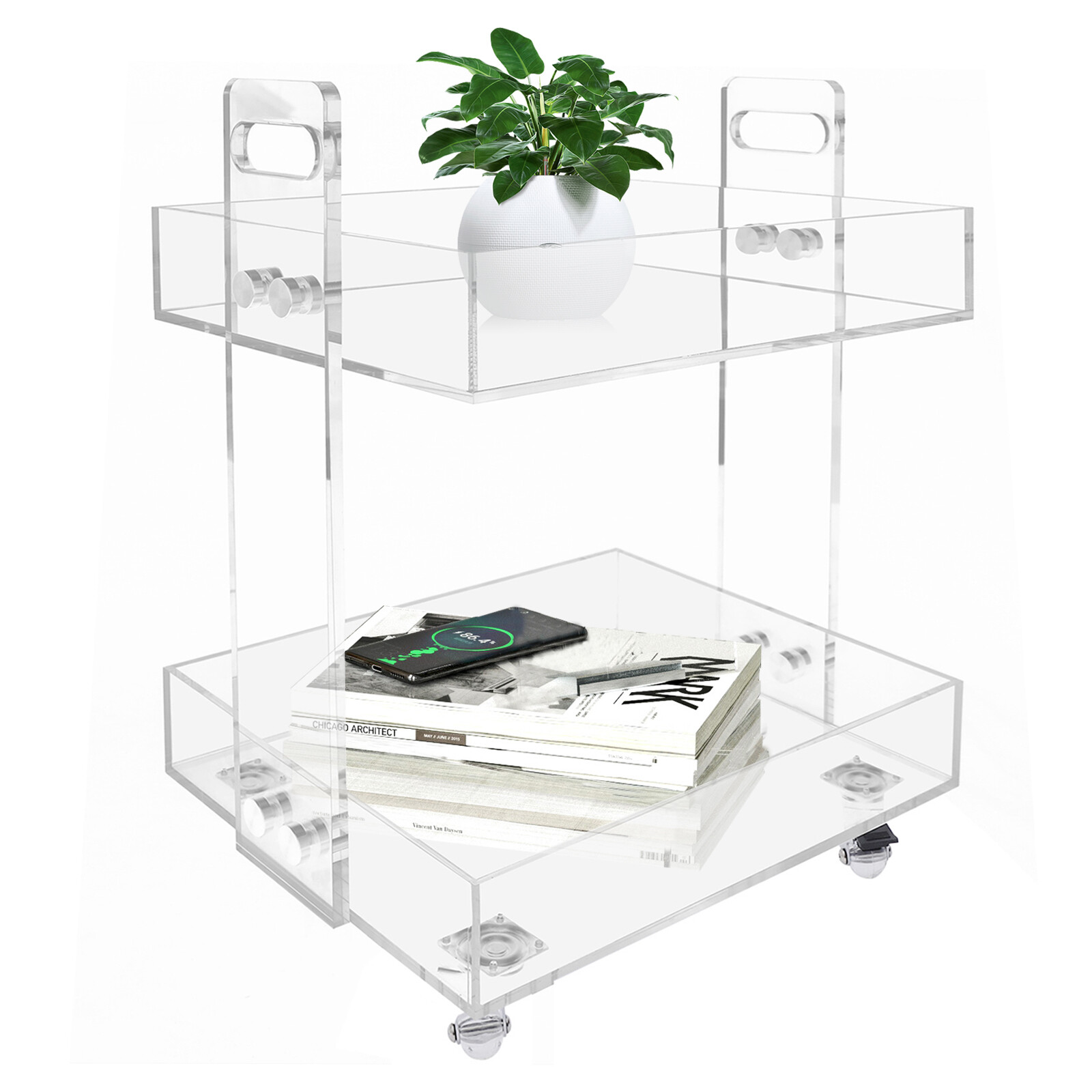 Acrylic Nightstand Transparent End Table Clear Storage Side Table with 4 Wheels