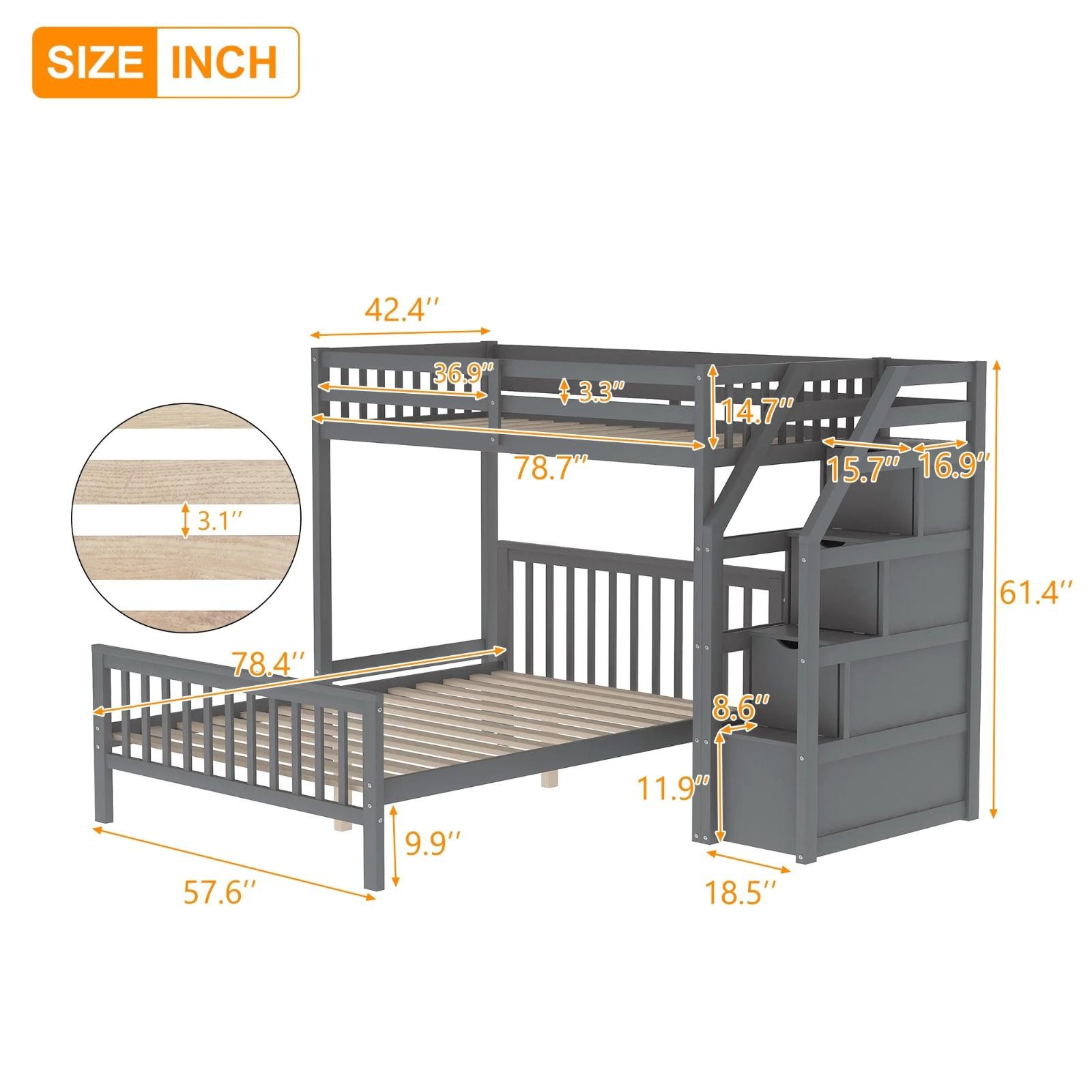 Twin Over Full Bunk Bed Loft Bed With Moveable Platform Bed & Storage Staircase
