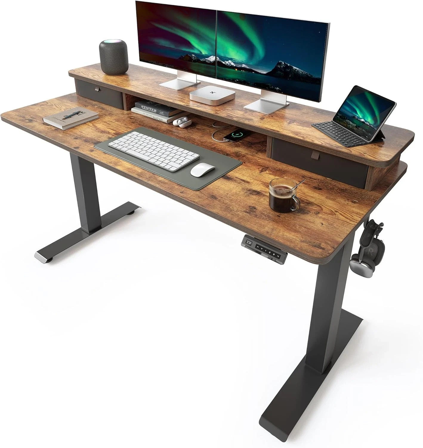 Height Adjustable Electric Standing Desk with Storage, Rustic Brown Finish