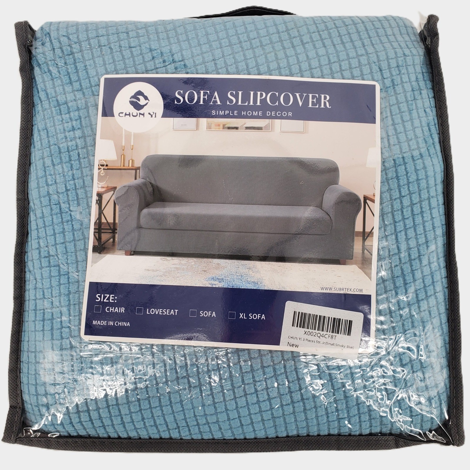 Subrtex Chun Yi Chair Sofa Slipcover 3 Piece Stretch Smoky Blue Checkered Small