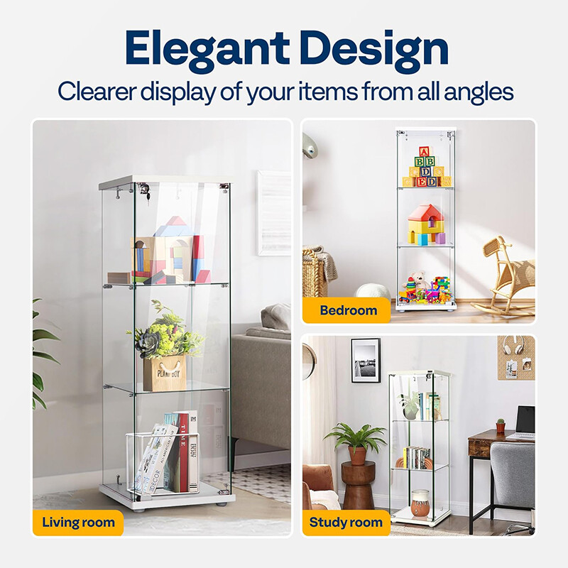 3/4-Shelf Glass Display Cabinet Glass Curio Cabinet Trophy Case Bookshelf & Lock