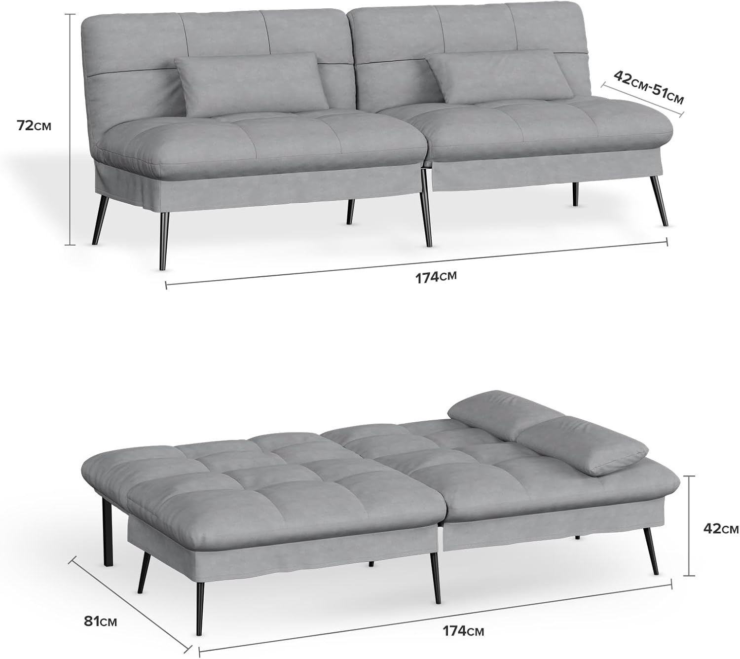 Grey Convertible Sofa Bed with Adjustable Backrest for Living Room