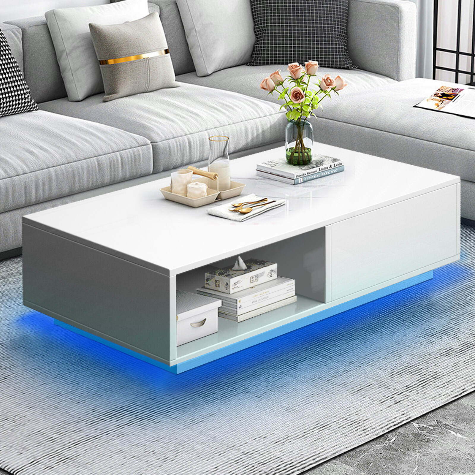 43.3″High Gloss White 16-Color LED Coffee Table Side End with Drawer, Shelf