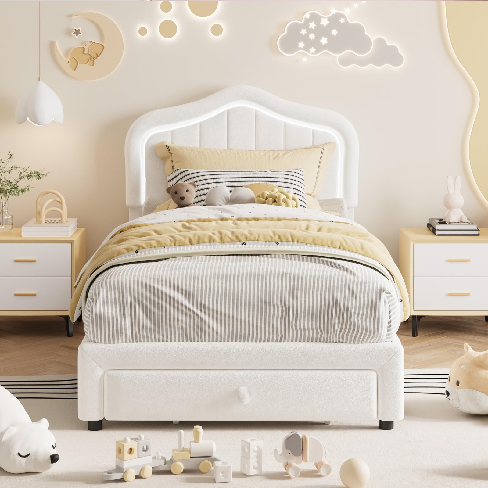 Twin Upholstered Bed Frame with Storage Drawer & LED Headboard for Kids/Girls