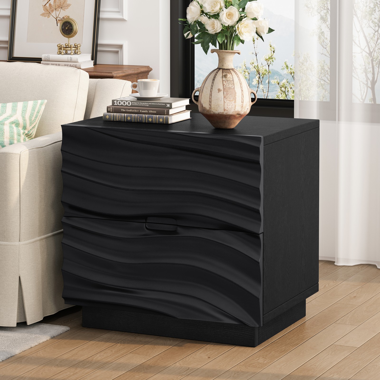 Solid Wood Nightstand with 2 Drawers, Black, 23.62″ L x 15.75″ W