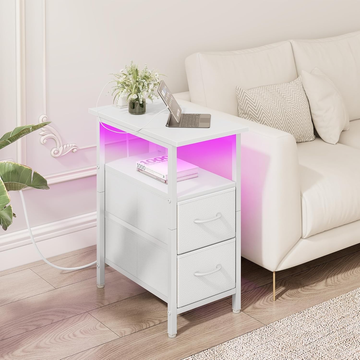 Contemporary Tall White Nightstand with Charging Station & Elegant LED Lighting