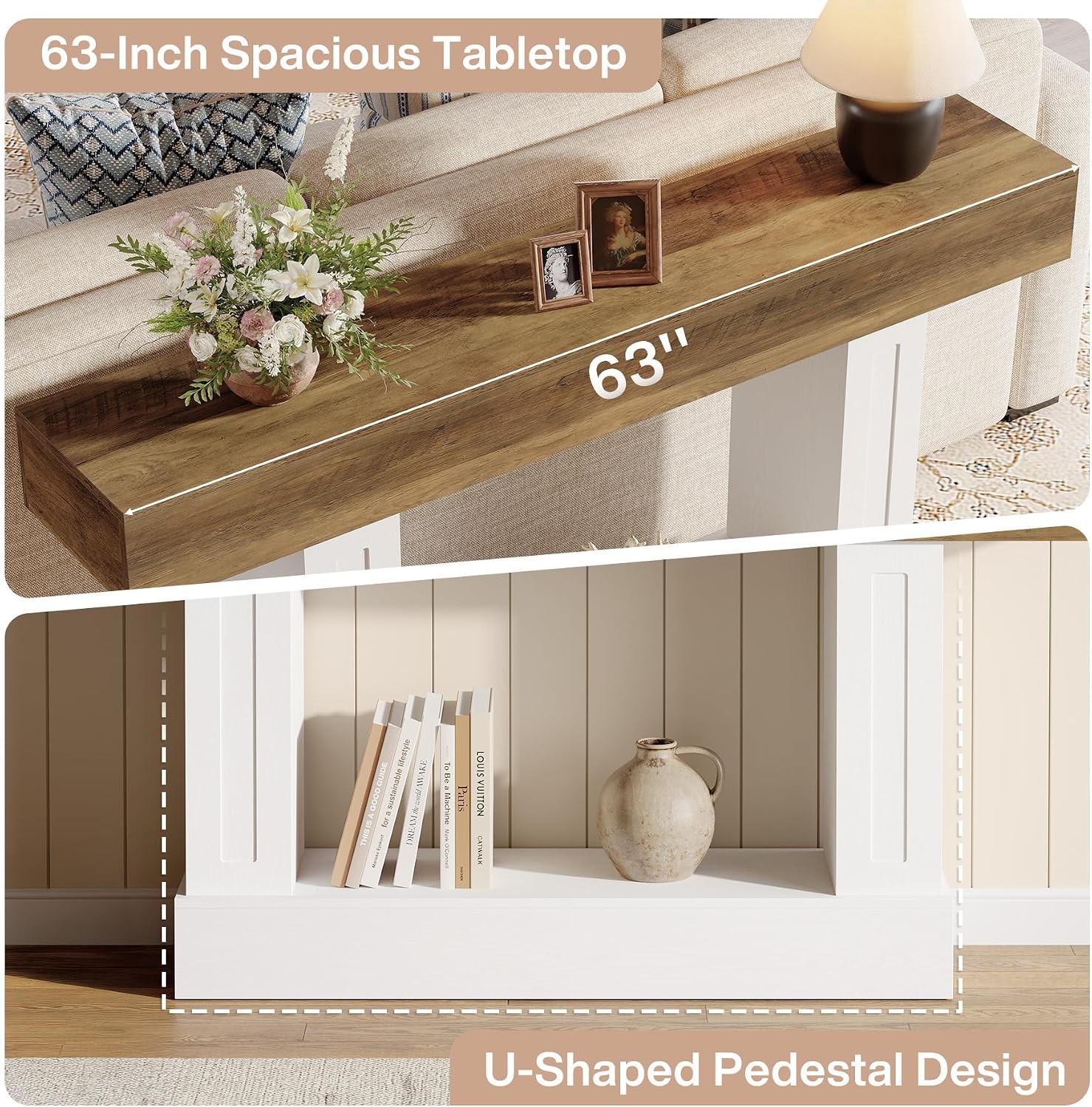 63″ Long Console Table for Entryway, Farmhouse 2-Tier Sofa Table Behind Couch