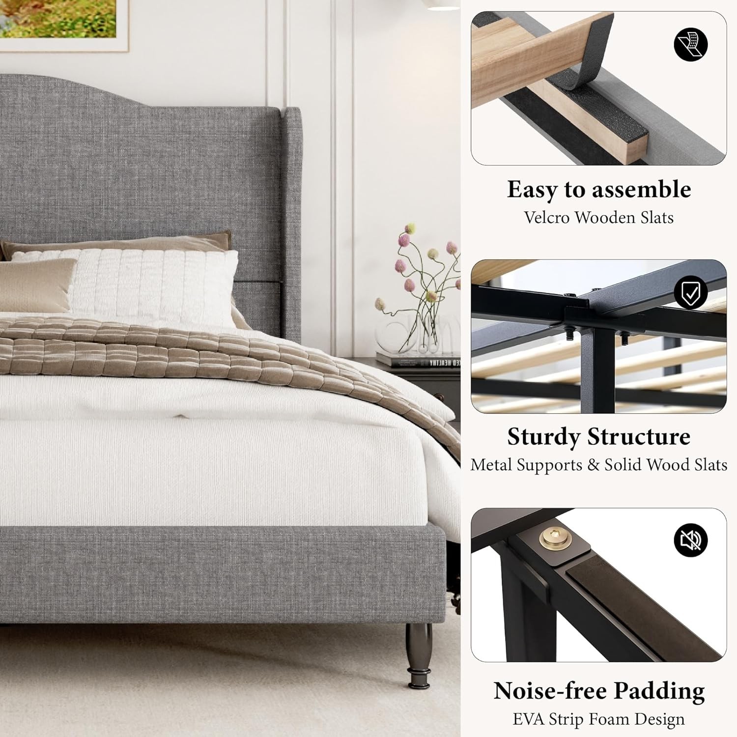 Queen Size Bed Frame with 50.4″ Tall Wingback Headboard, Upholstered Platform…