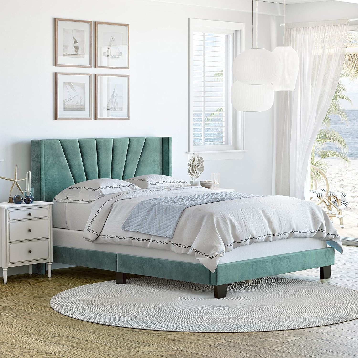 Valencia King Size Winged Upholstered Bed in Aqua Velour with Headboard