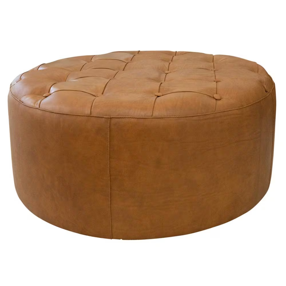 Tate round Genuine Leather Ottoman in Tan Brown