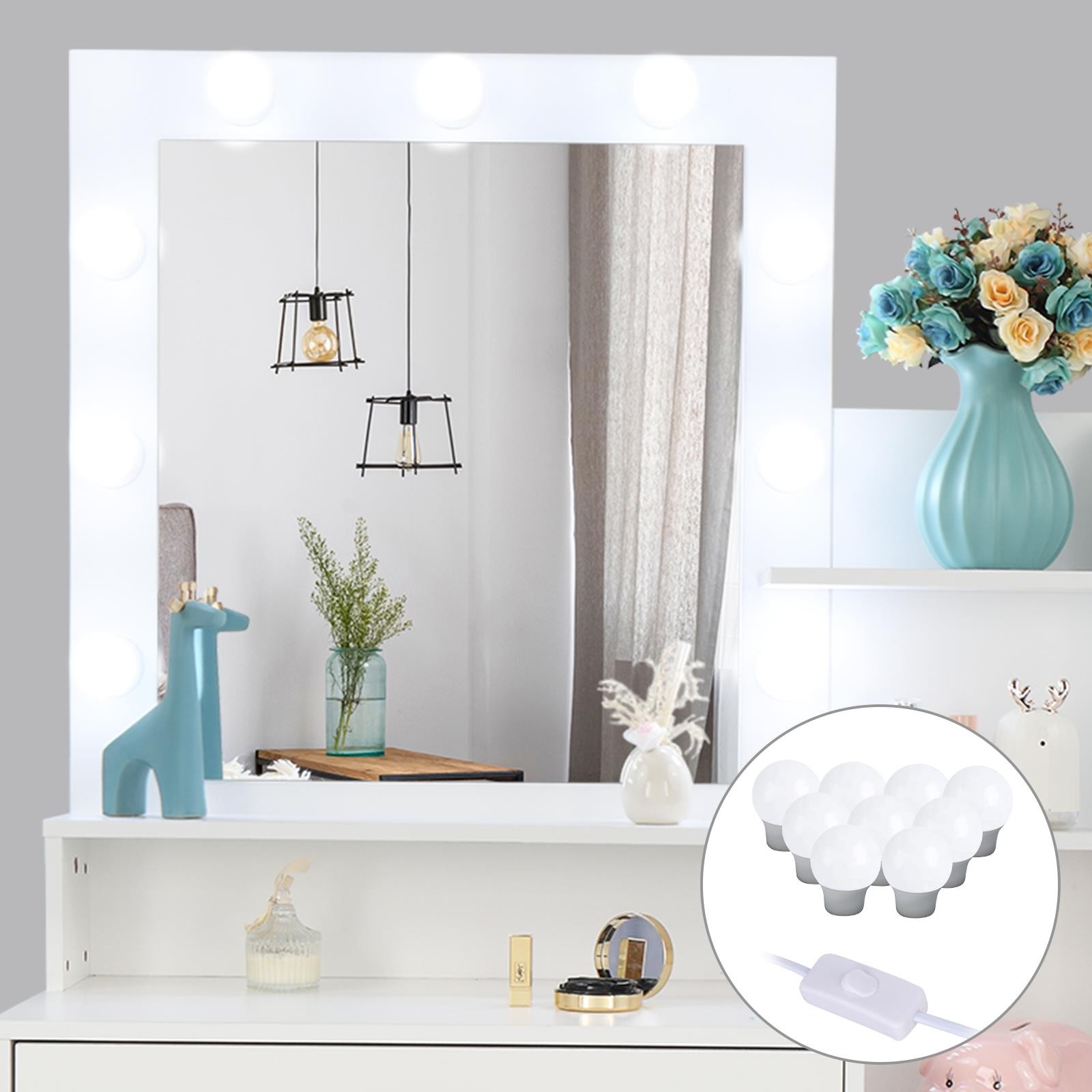 Vanity Table Set LED Lights Mirror Drawer Dresser Bedroom Makeup Dressing White
