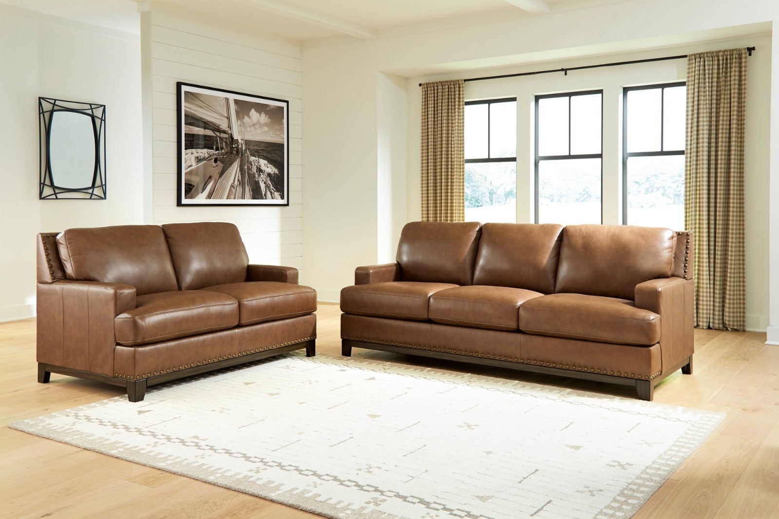 GENUINE Leather 2PC Sofa Loveseat Amber Brown Traditional Rustic Living Room Set