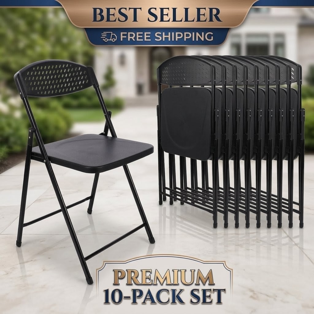 Steel Frame Light-Weight Compact Plastic Folding Chairs Black (Set of 10)