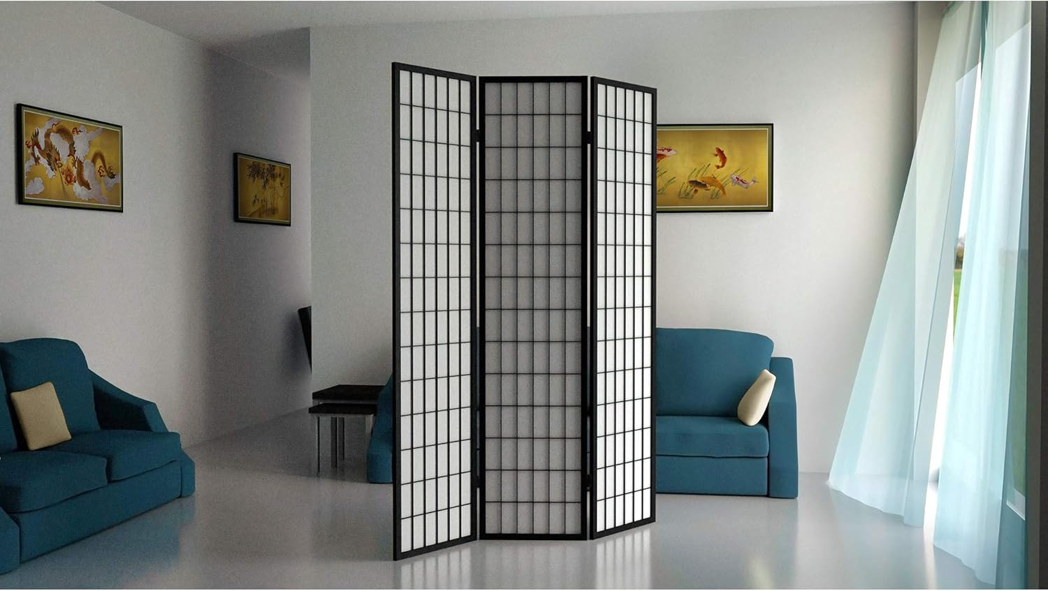 Black 6 Ft Tall 3-Panel Window Pane Shoji Screen Room Divider