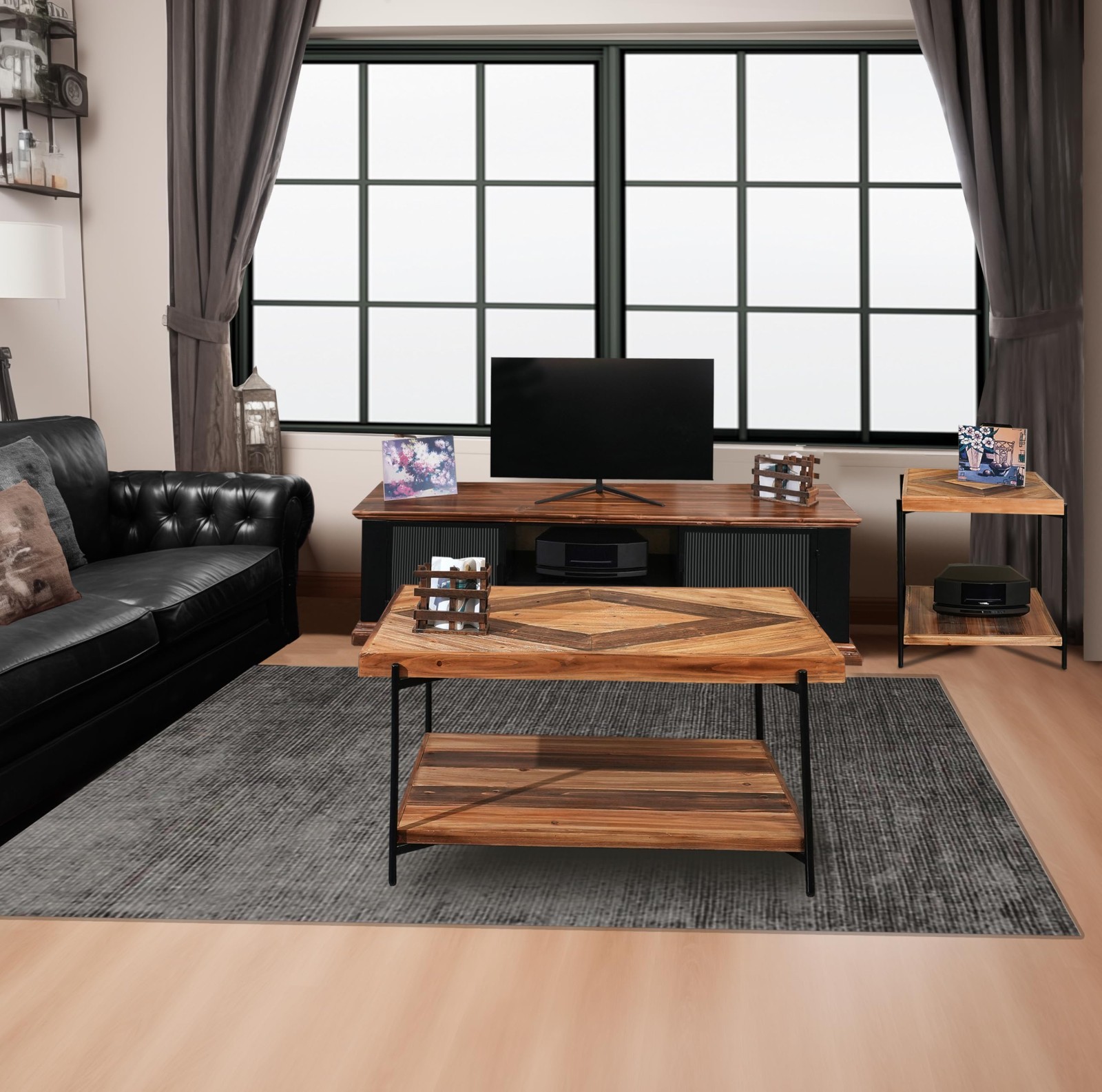 CONSDAN StoneCreek 4 Pieces Fir Living Room Table Set, Solid Fir Wood