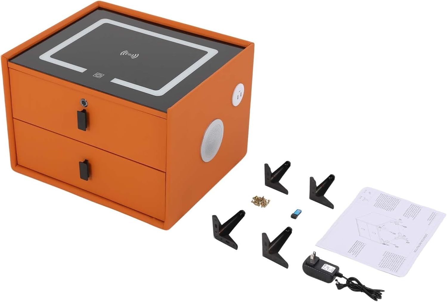 Orange Smart Wooden Nightstands W/ Fingerprint Lock Drawer USB Port and Speaker