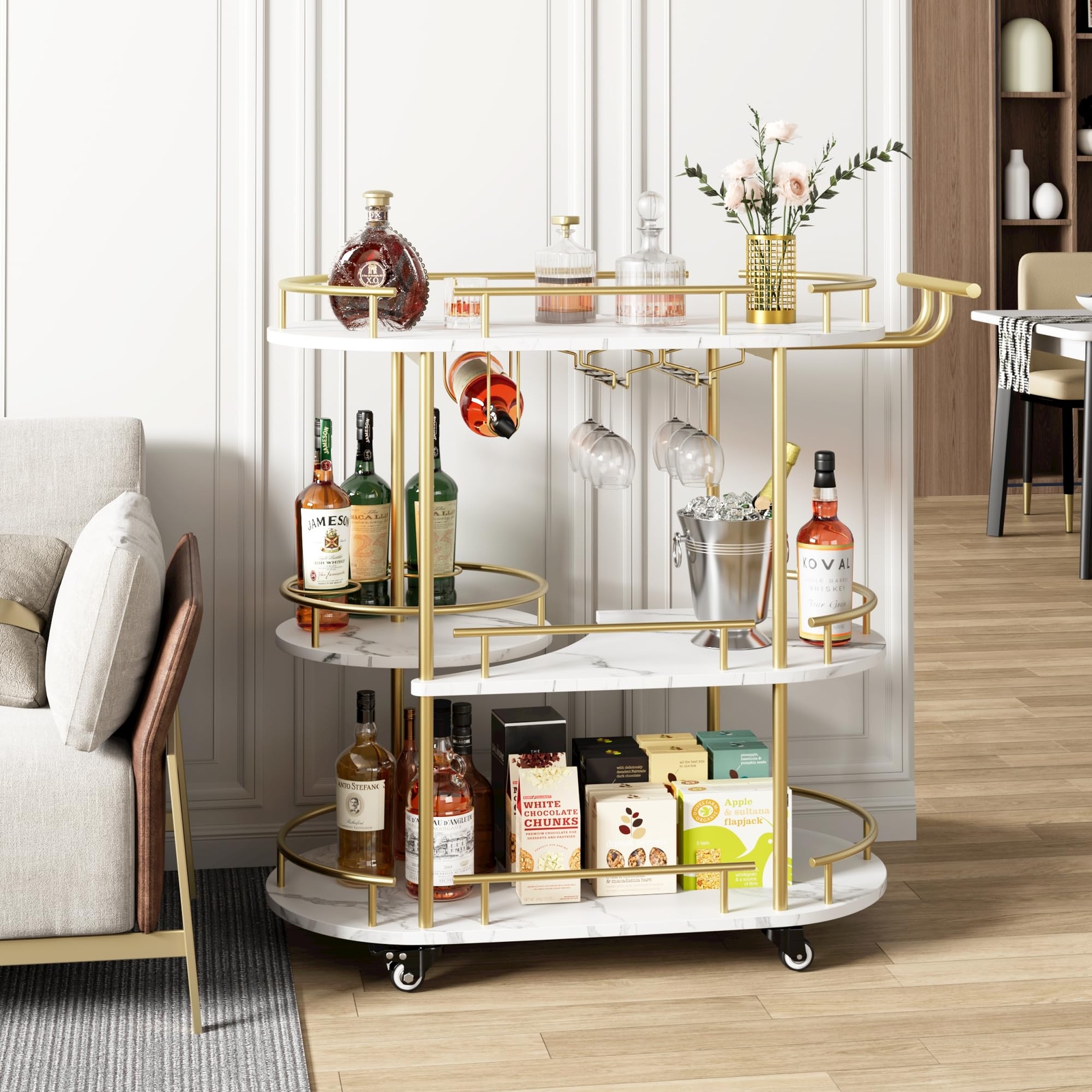 Gold Bar Cart, 3 Tier Rotating Bar Cart Kitchen Gold Serving Cart with Wine Rack