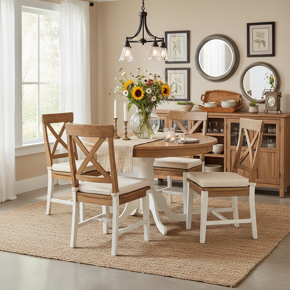 Round Dining Table, Natural & White Finish, Solid Wood, Pedestal Base, 36-Inch