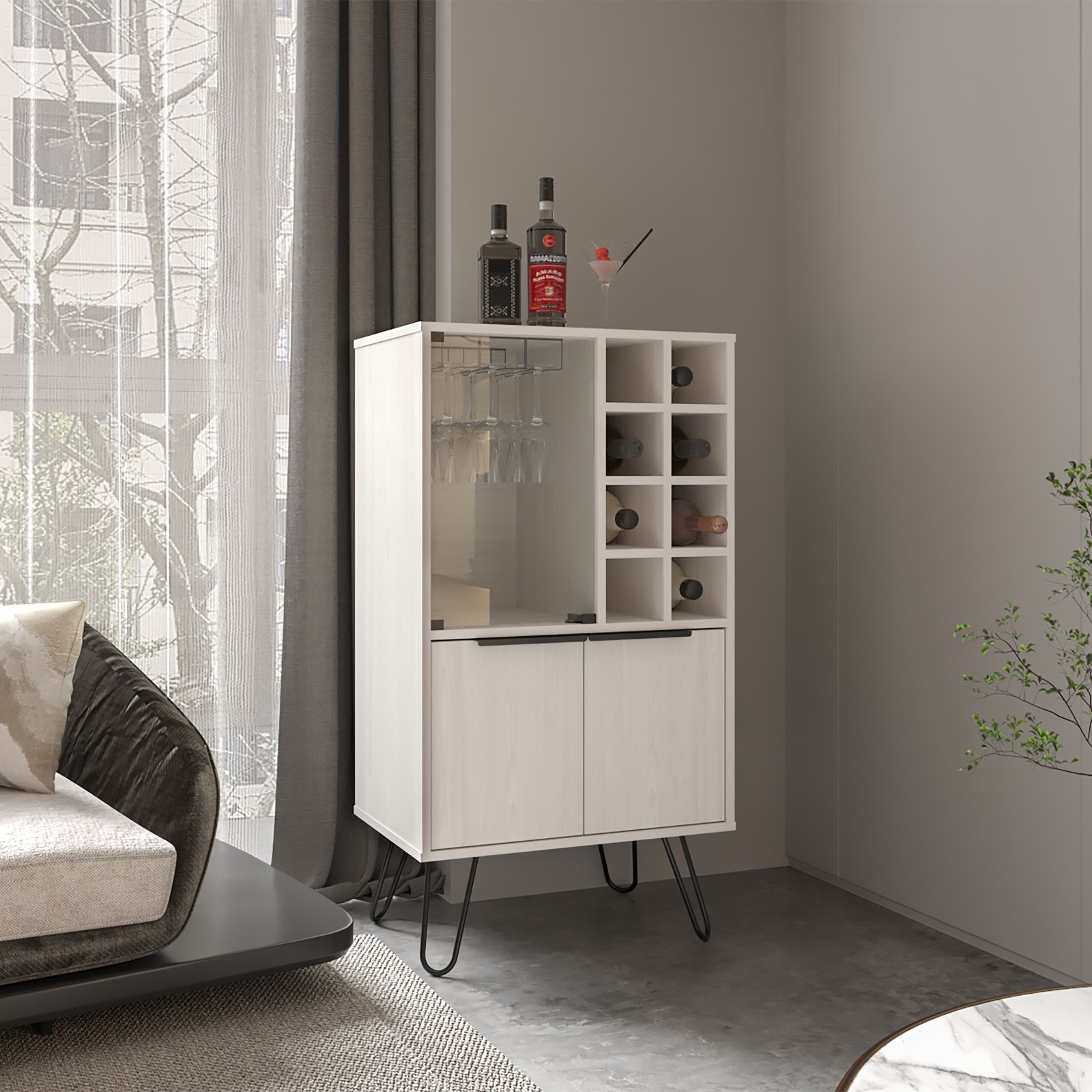 Space-saving design Bar Cabinet 43.1″ H with Two doors,nine shelves for drinks