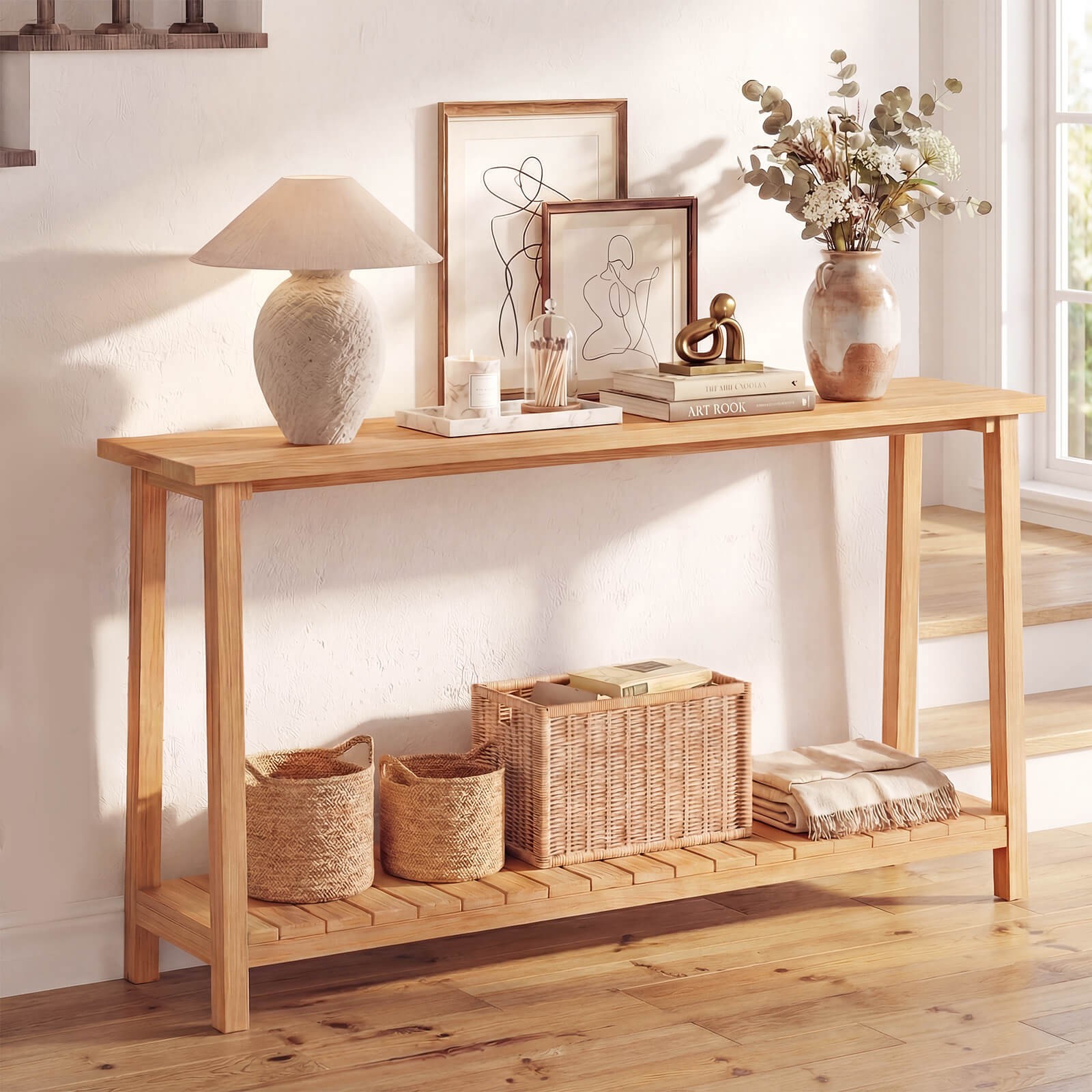 71″ Solid Wood Large Console Table,2-Tier Farmhouse Sofa Table w/Teak Wood Frame