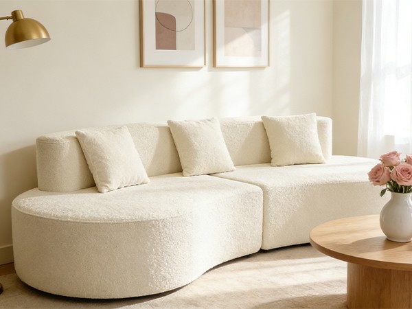 Cream White Curved Couch 4 Seat Minimalist Elegant Half Moon Sectional Sofa