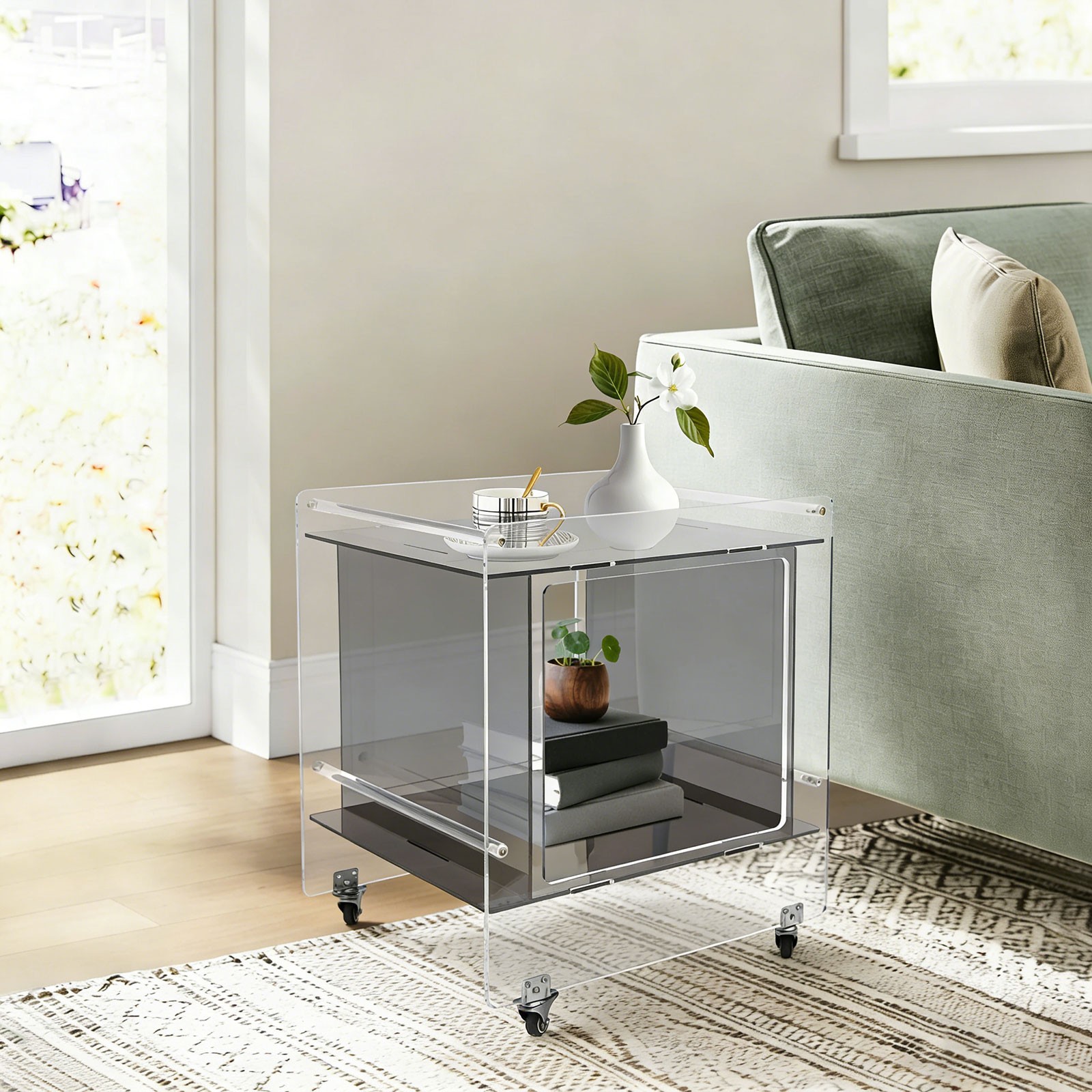 Side Table Acrylic Mobile Table 46x40x55cm Multifunctional End Table with Wheels