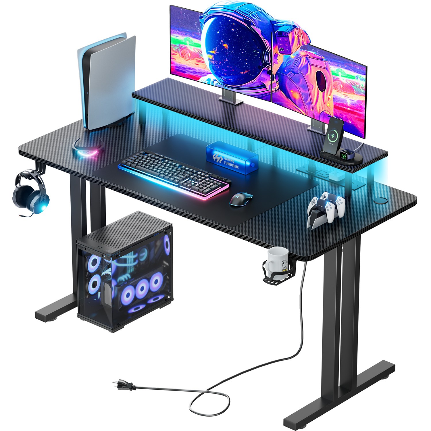 47” Gaming Desk with LED Light & Power Outlets, Gamer Table with Monitor Stand