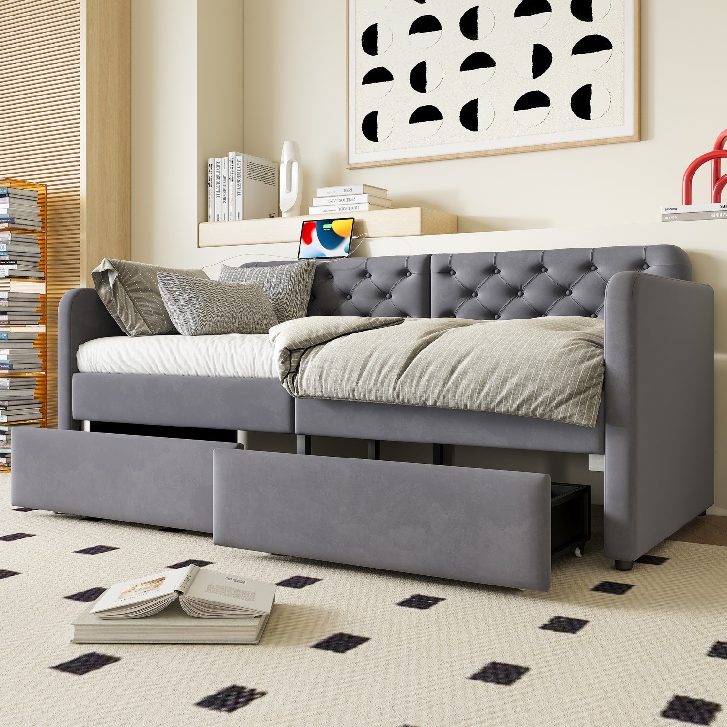 Twin Size Gray Modern Daybed Velvet Upholstered Sofa Bed w/ 2 Storage Drawers