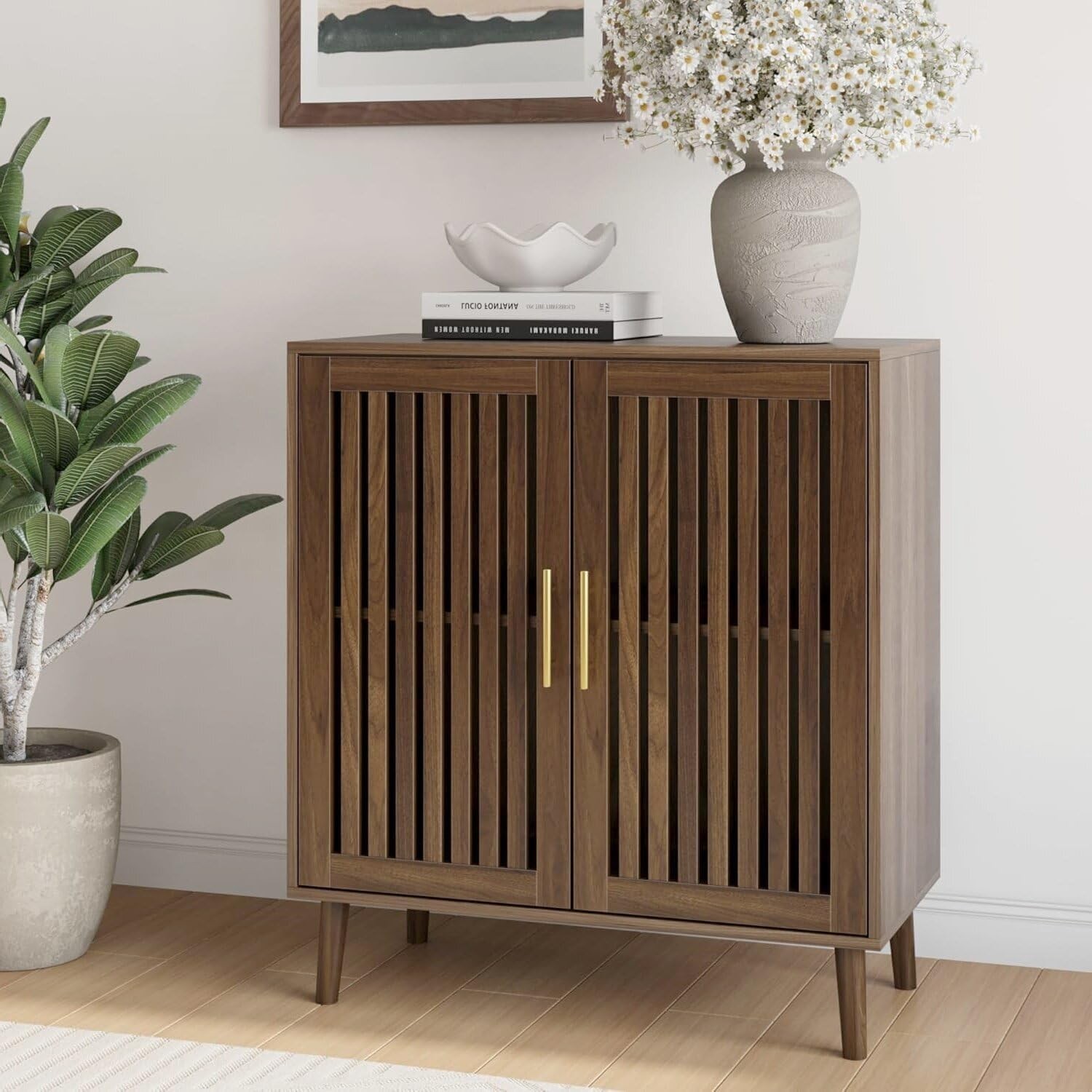 Sideboard Cabinet 31.5″ W Farmhouse Buffet Cabinet W/ Slatted Doors & Adjustable