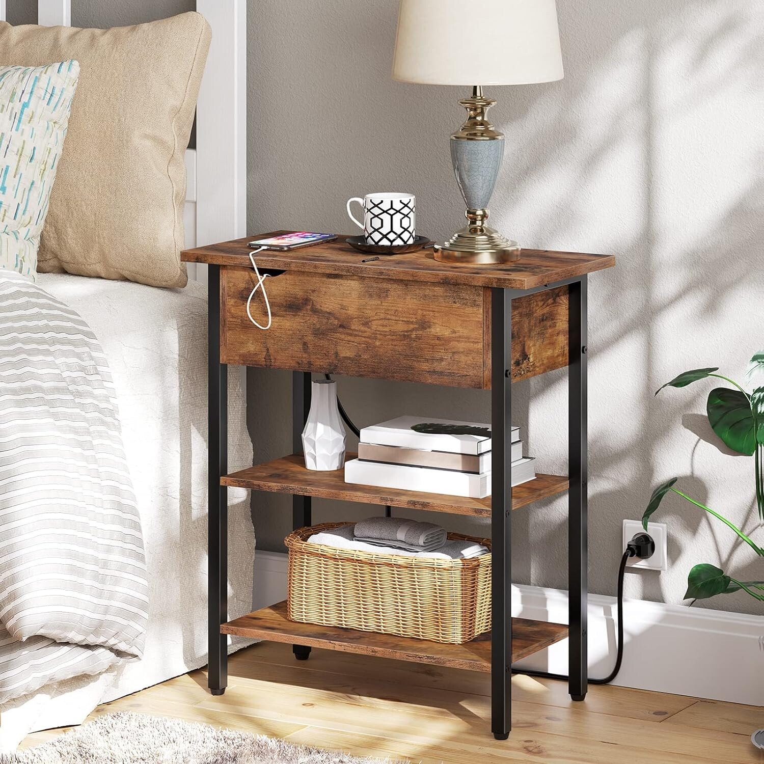 Multifunctional Rustic End Tables with Charging Station – USB Ports – Brown